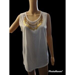 Lavon Sports Women Top Size M Beaded Tassel Neckline White Sleeveless